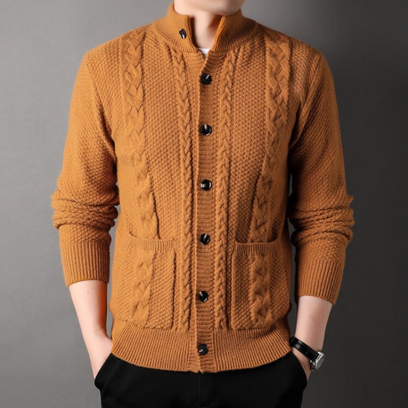 Men's Cable Knit Cardigan Sweater with Stand Collar and Front Pockets - Image 9