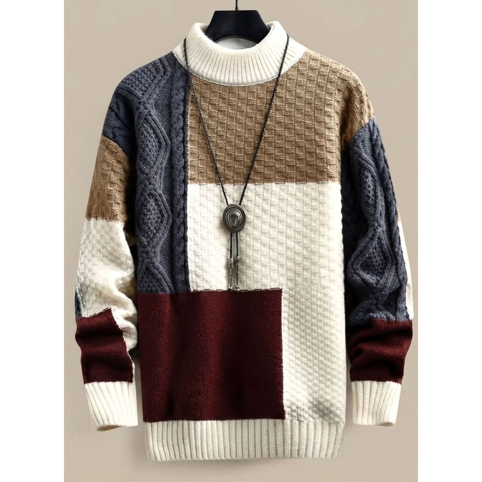Men's Cable Knit Pullover Sweater with Mock Neck and Colorblock Design - Image 1