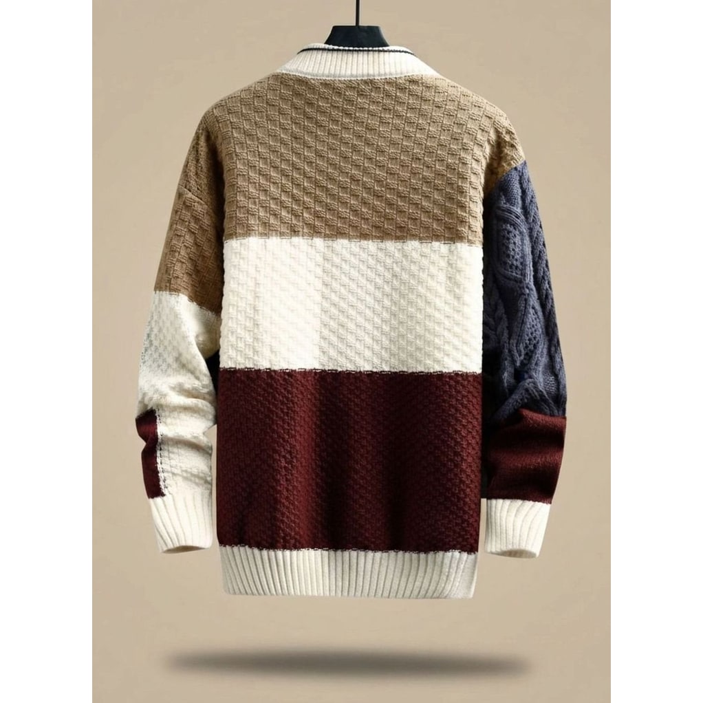 Men's Cable Knit Pullover Sweater with Mock Neck and Colorblock Design - Image 2