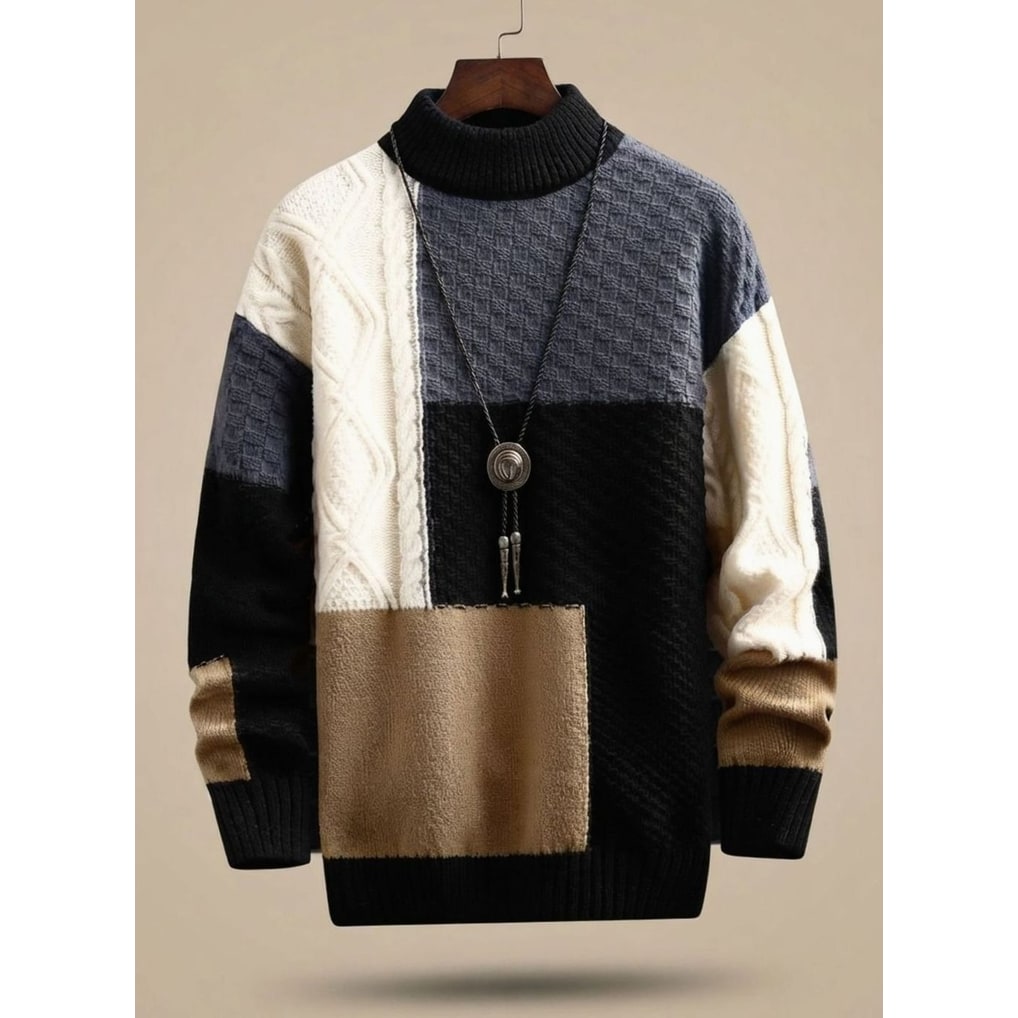 Men's Cable Knit Pullover Sweater with Mock Neck and Colorblock Design - Image 3