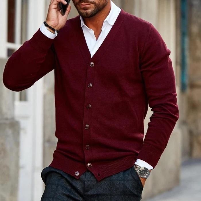 Men's Cardigan Sweater Button Up V-Neck Knit with Ribbed Cuffs - Image 1