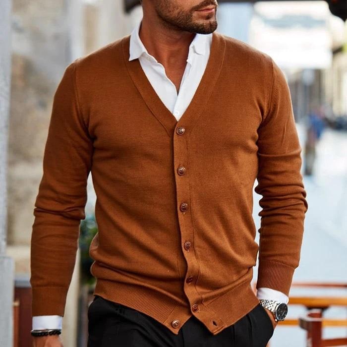 Men's Cardigan Sweater Button Up V-Neck Knit with Ribbed Cuffs - Image 2