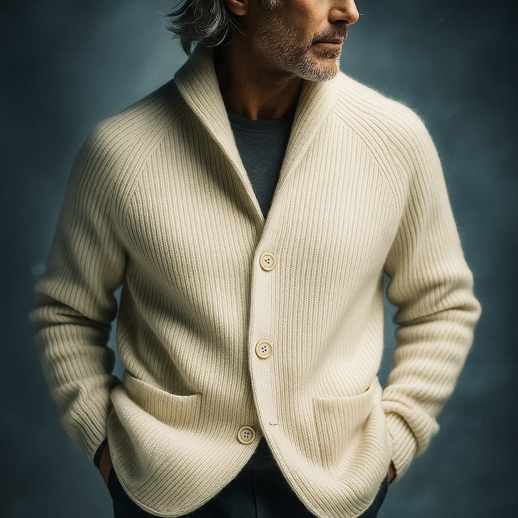 Men's Cardigan Sweater with Shawl Collar Ribbed Knit and Front Pockets - Image 9
