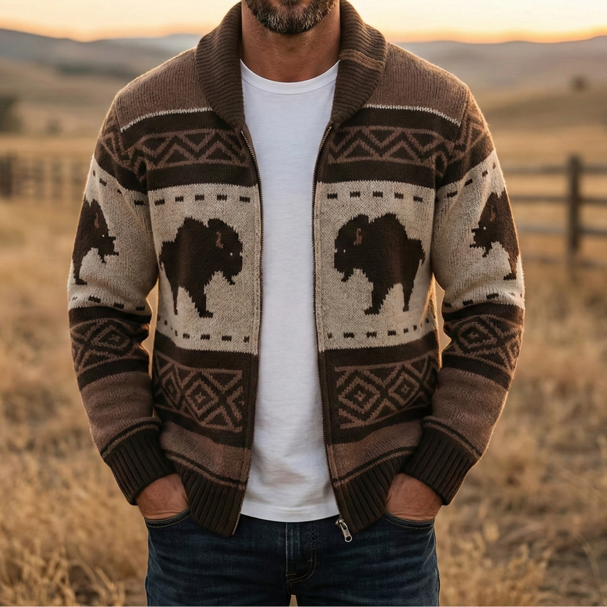 Men's Cardigan Sweater with Shawl Collar Zip Up and Bison Jacquard Knit - Image 1