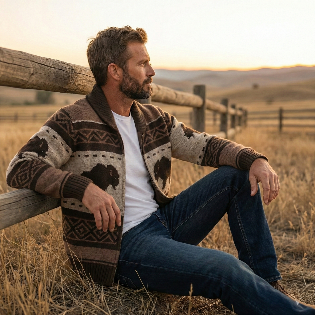 Men's Cardigan Sweater with Shawl Collar Zip Up and Bison Jacquard Knit - Image 2