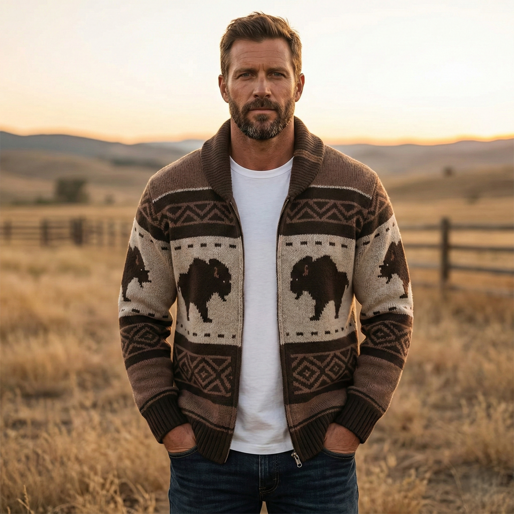 Men's Cardigan Sweater with Shawl Collar Zip Up and Bison Jacquard Knit - Image 3