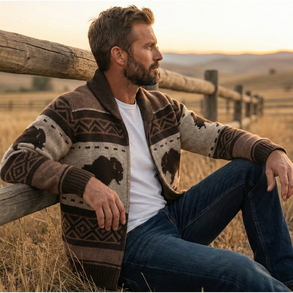 Men's Cardigan Sweater with Shawl Collar Zip Up and Bison Jacquard Knit - Image 4
