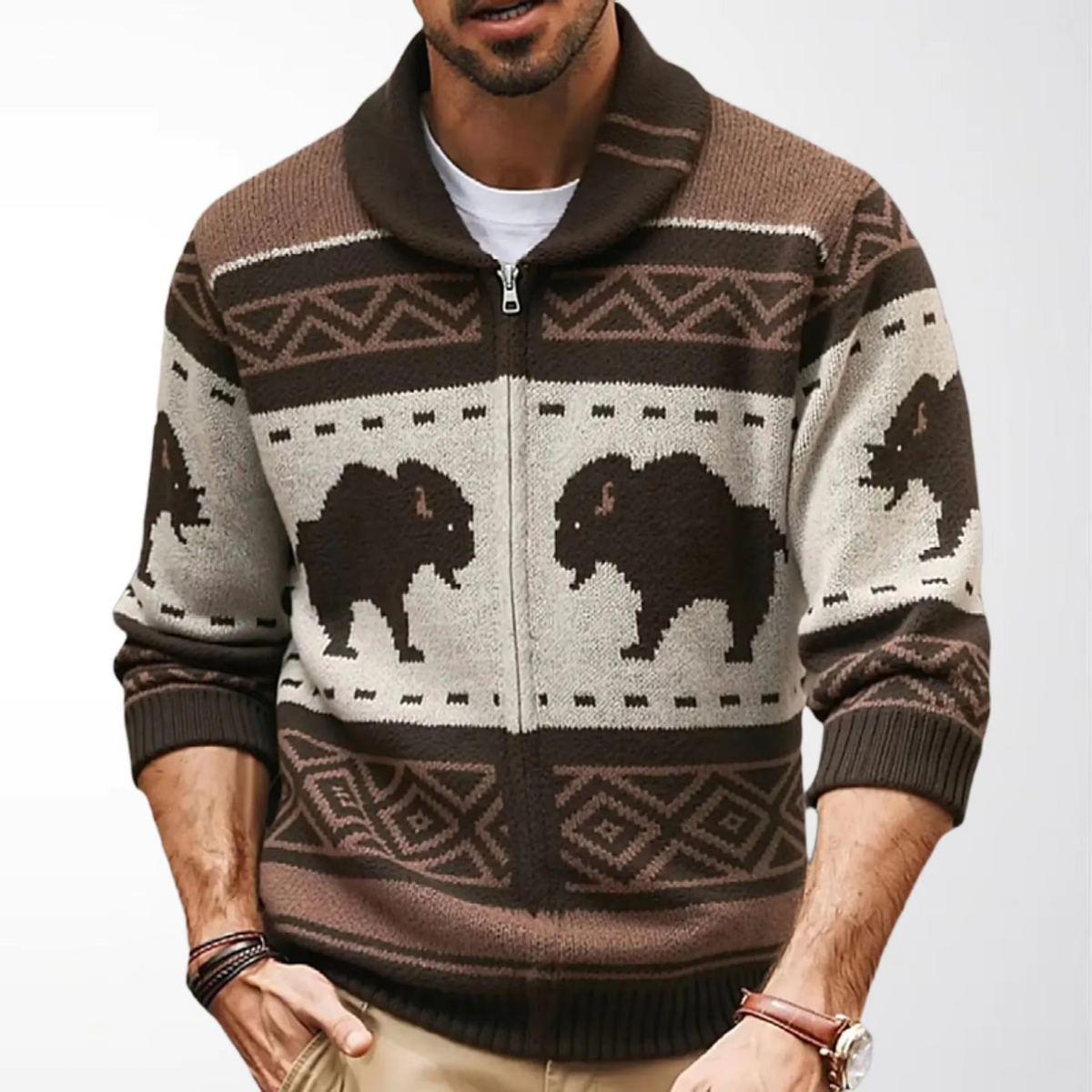 Men's Cardigan Sweater with Shawl Collar Zip Up and Bison Jacquard Knit - Image 5