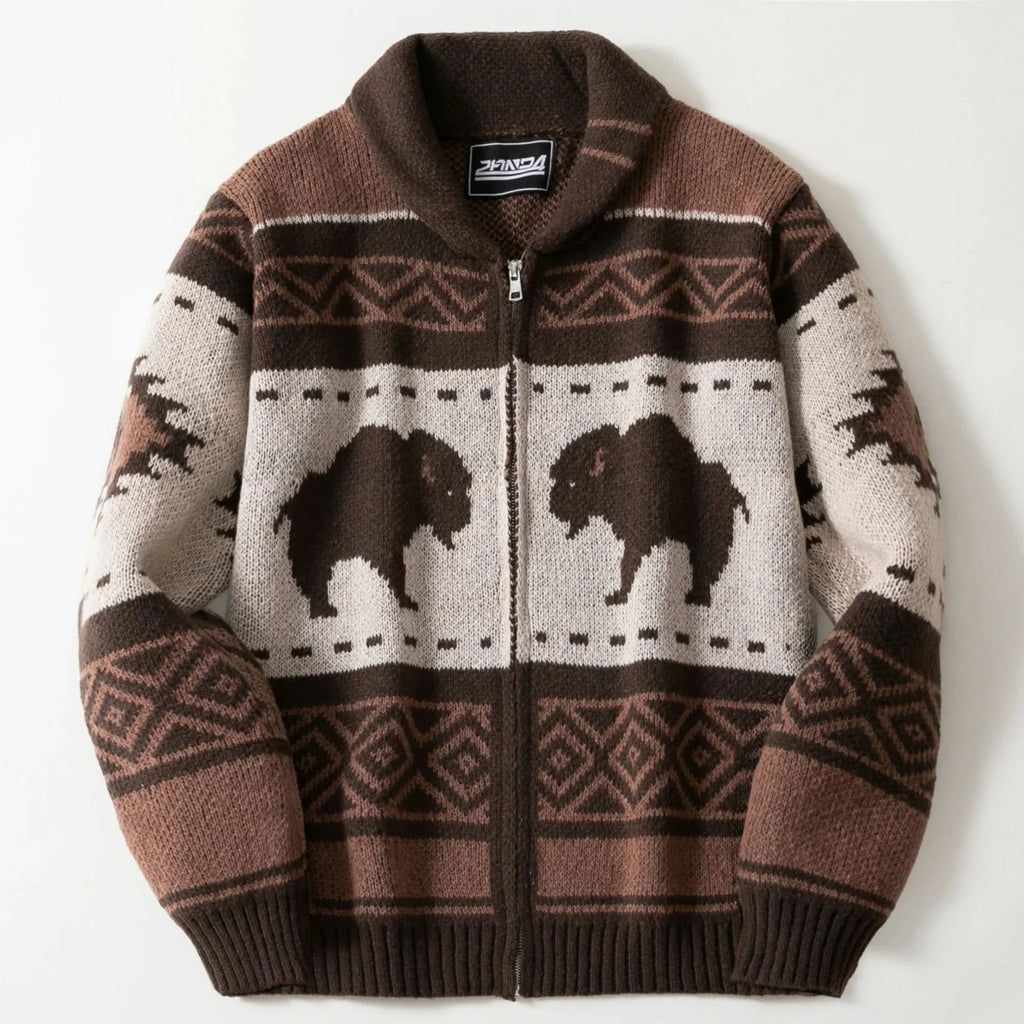 Men's Cardigan Sweater with Shawl Collar Zip Up and Bison Jacquard Knit - Image 6
