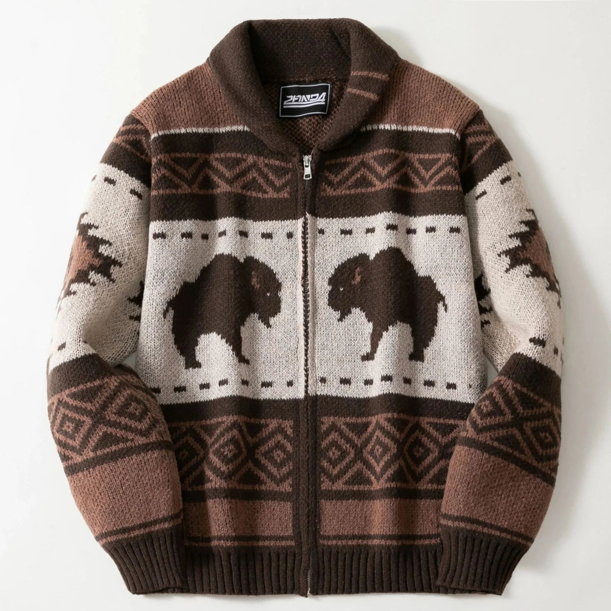 Men's Cardigan Sweater with Shawl Collar Zip Up and Bison Jacquard Knit - Image 6