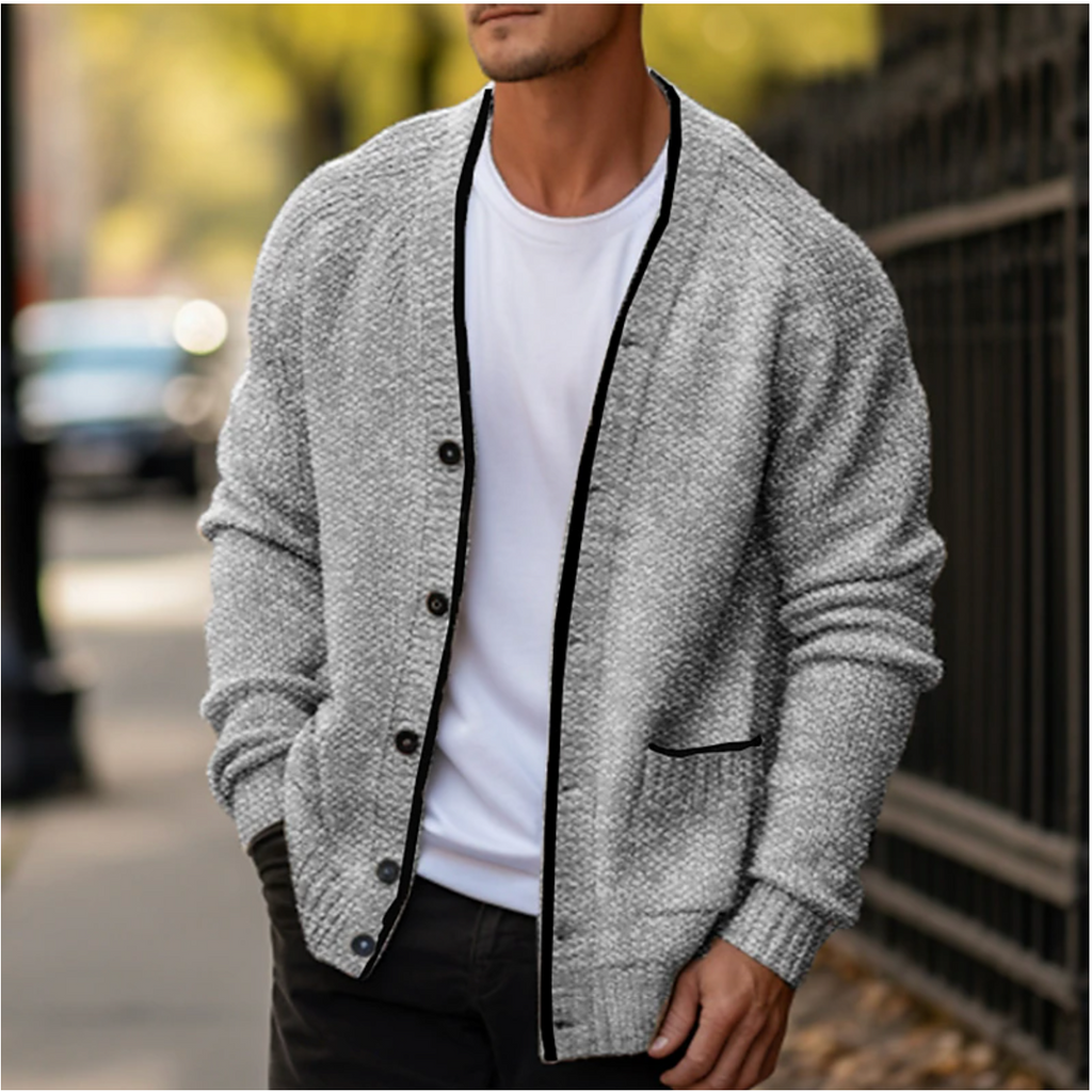 Men's Cardigan Sweater with Textured Knit V-Neck and Front Pockets - Image 1