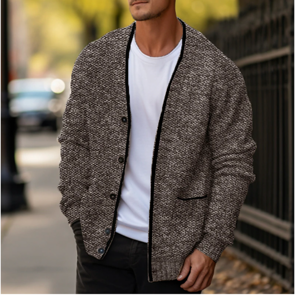 Men's Cardigan Sweater with Textured Knit V-Neck and Front Pockets - Image 2