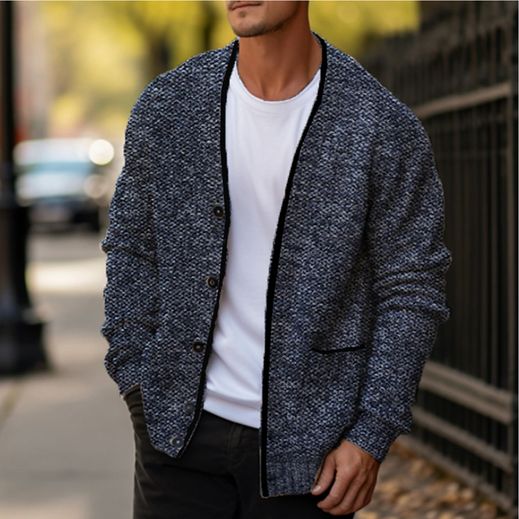 Men's Cardigan Sweater with Textured Knit V-Neck and Front Pockets - Image 3
