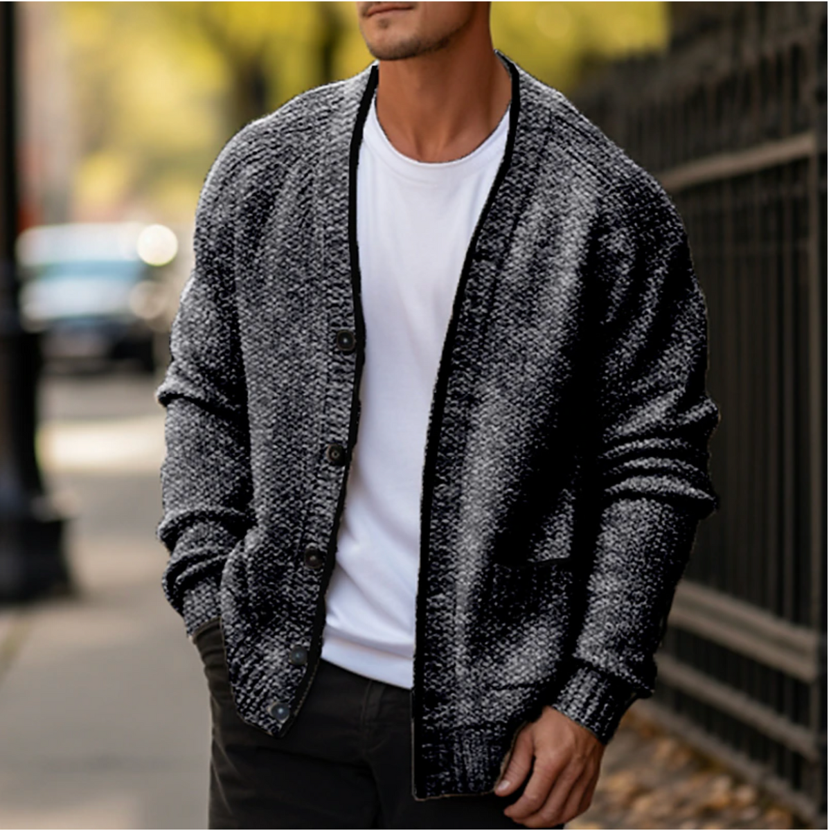 Men's Cardigan Sweater with Textured Knit V-Neck and Front Pockets - Image 4