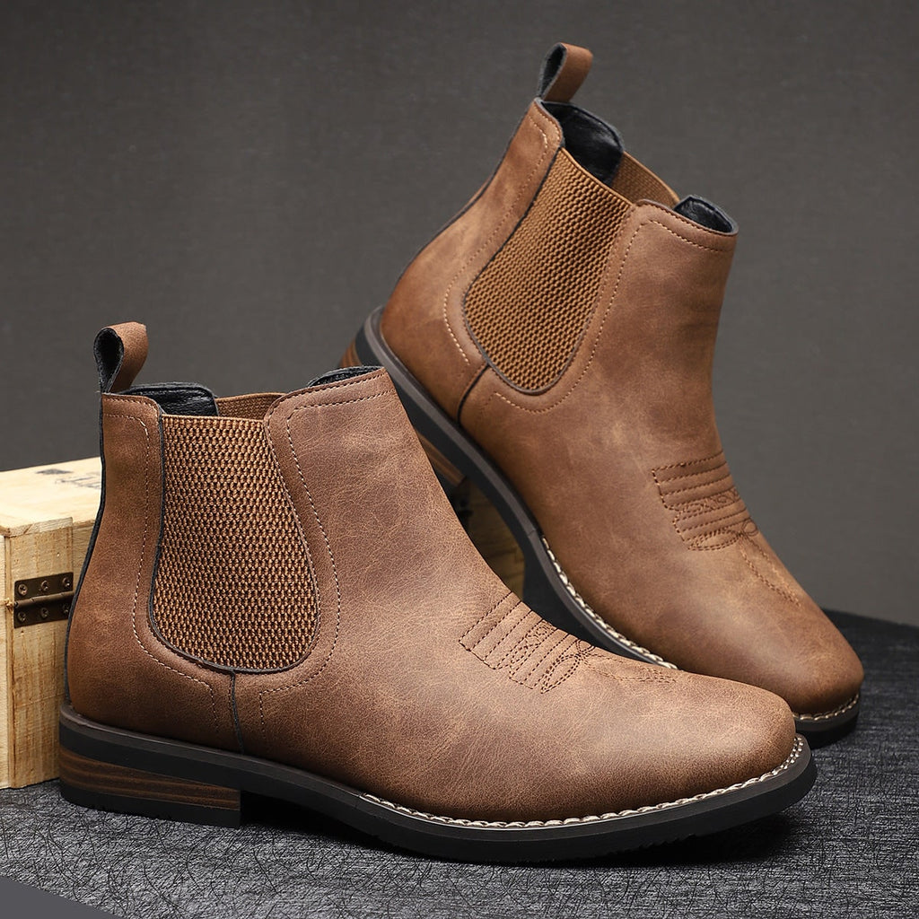 Men's Chelsea Square Toe Ankle Boots with Western Stitching and Slip-On Design - Image 2