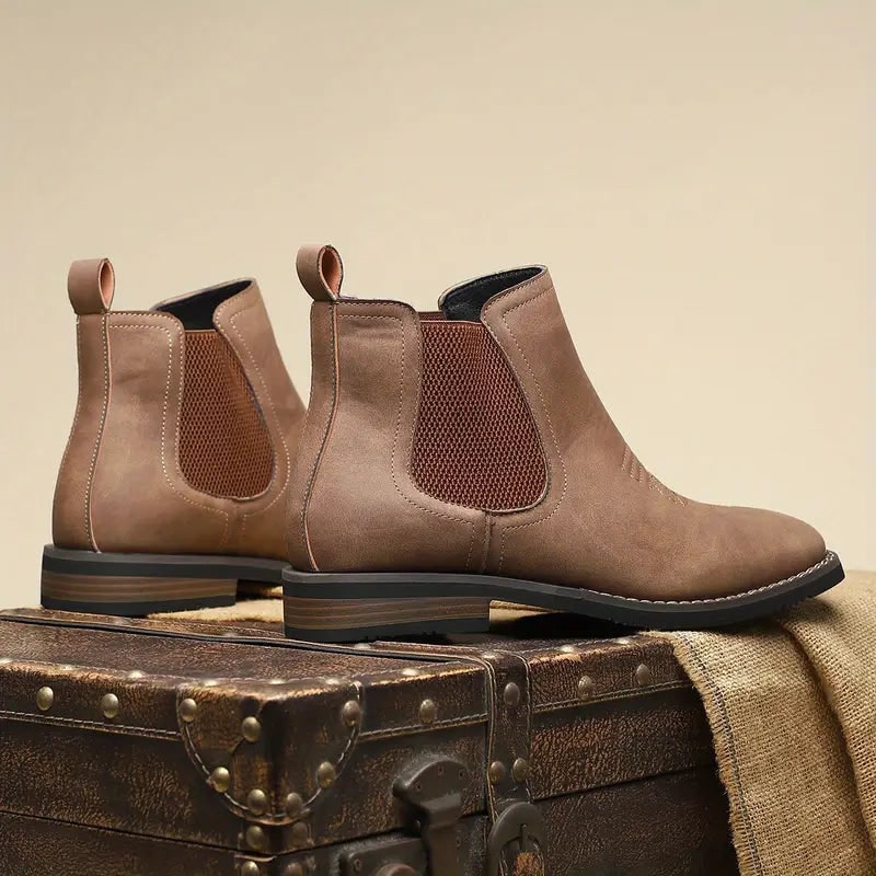 Men's Chelsea Square Toe Ankle Boots with Western Stitching and Slip-On Design - Image 3