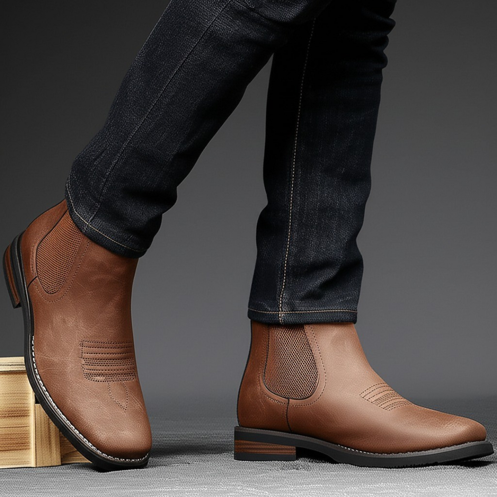 Men's Chelsea Square Toe Ankle Boots with Western Stitching and Slip-On Design - Image 4