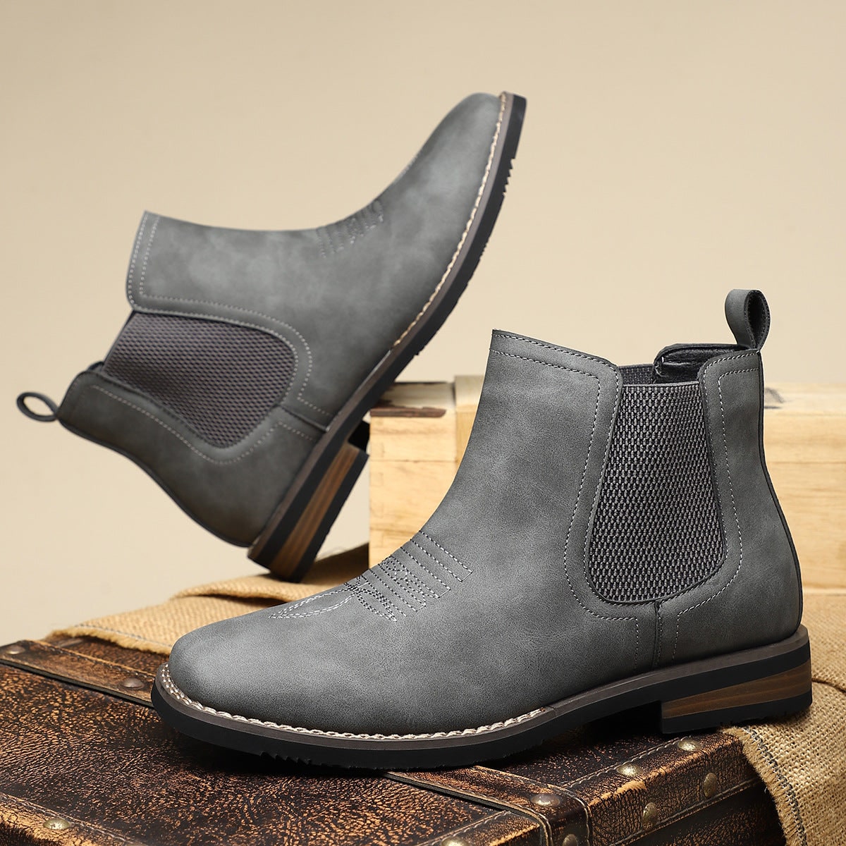Men's Chelsea Square Toe Ankle Boots with Western Stitching and Slip-On Design - Image 9