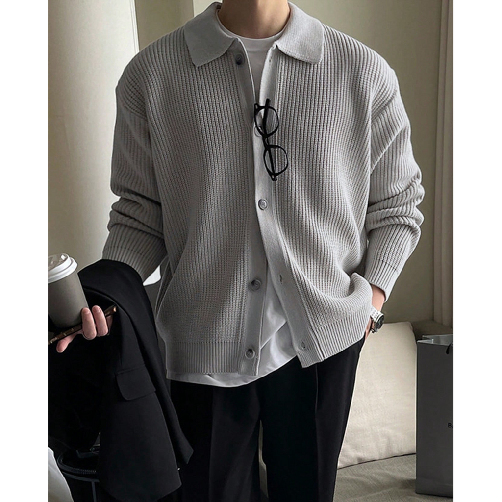 Men's Collared Knit Cardigan with Ribbed Polo Collar and Button Front - Image 1