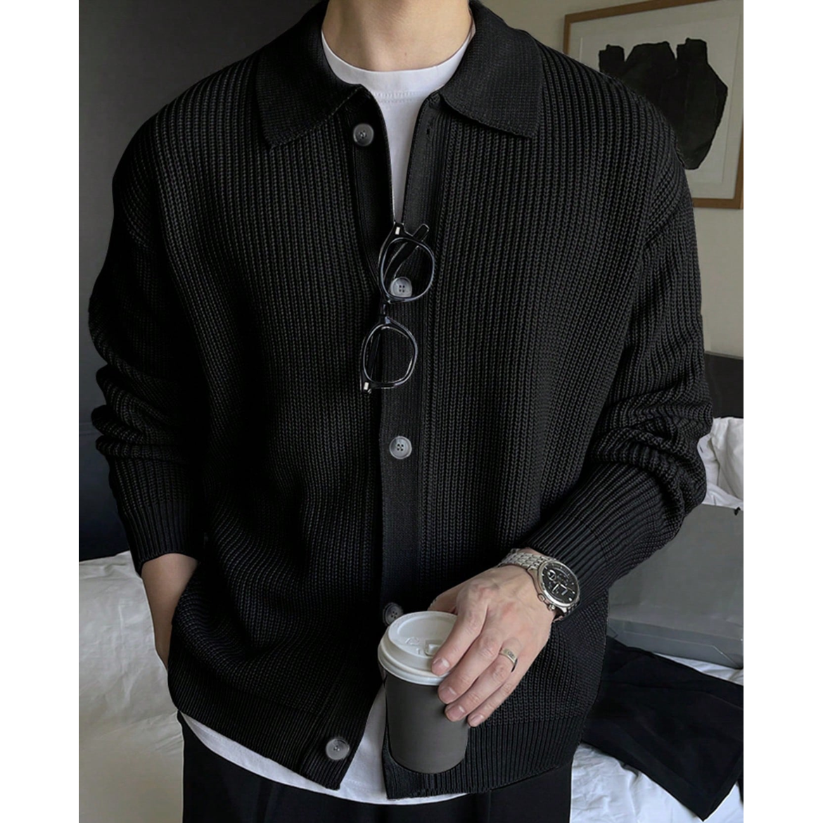 Men's Collared Knit Cardigan with Ribbed Polo Collar and Button Front - Image 3