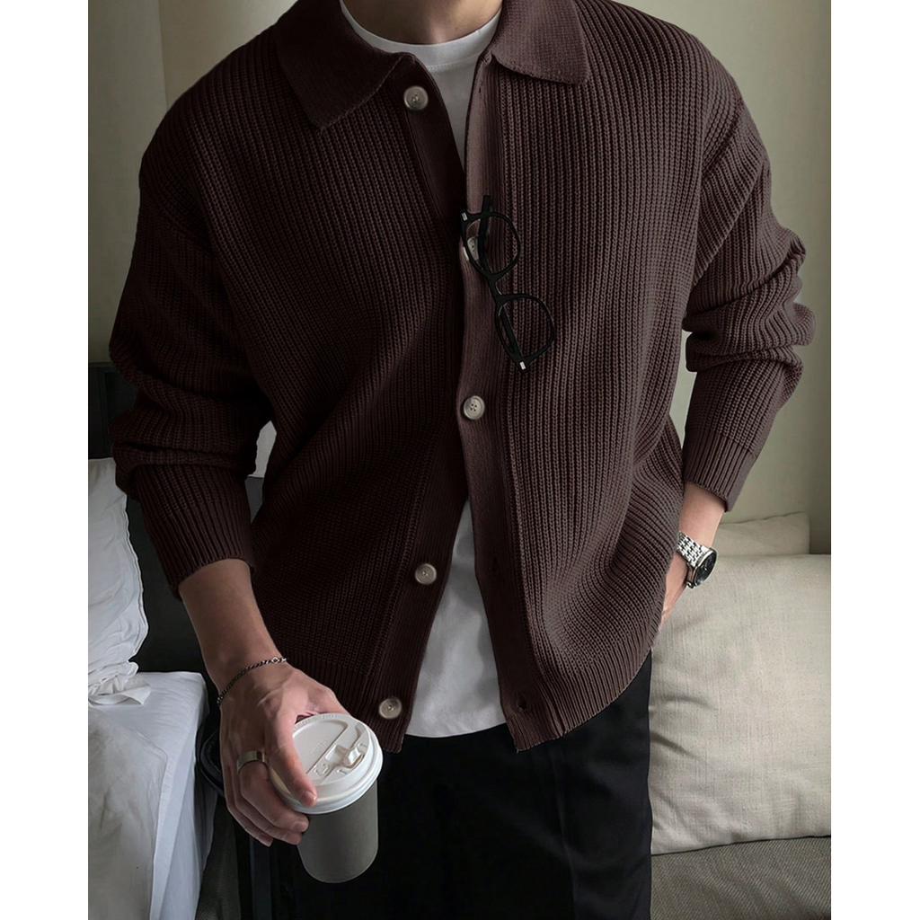 Men's Collared Knit Cardigan with Ribbed Polo Collar and Button Front - Image 4
