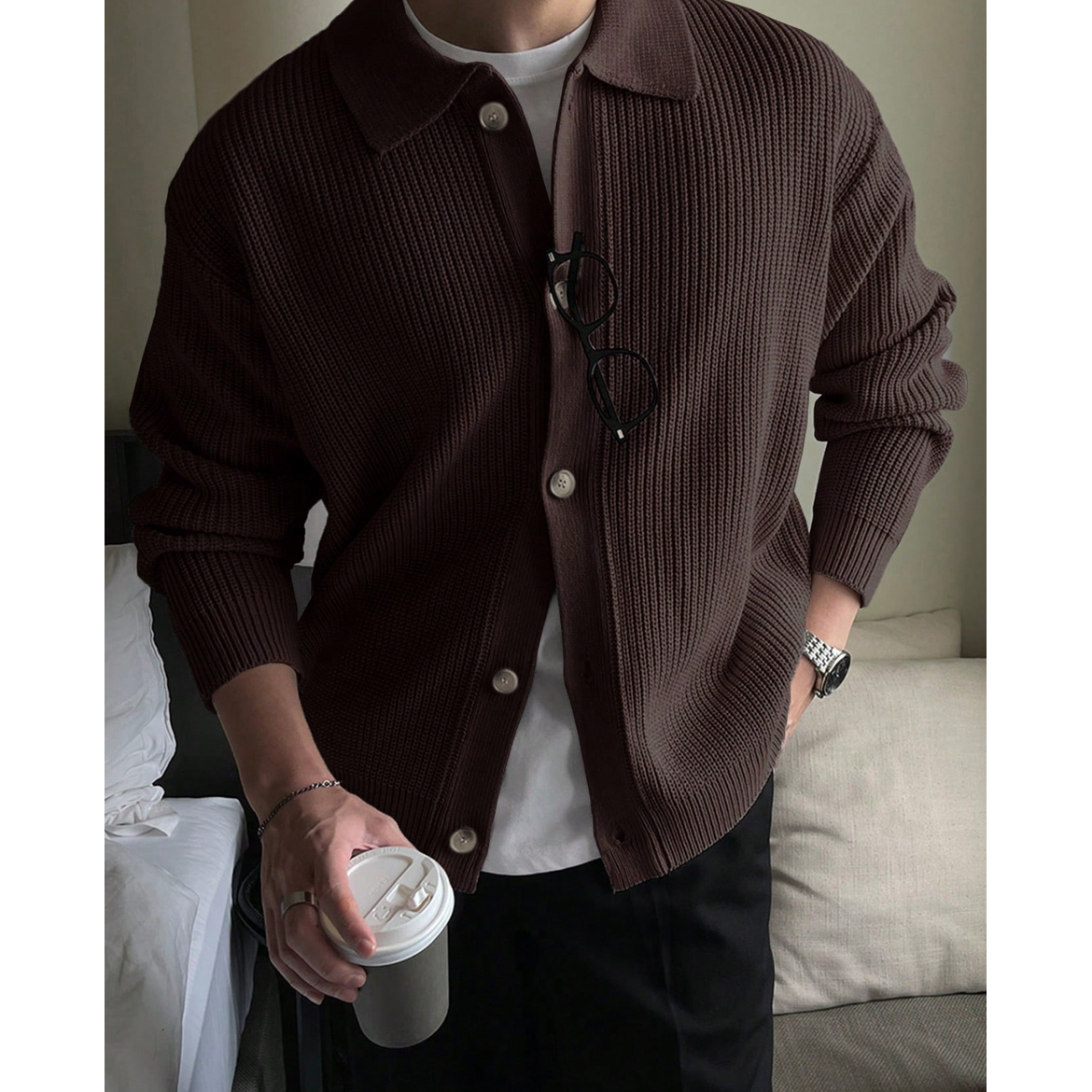 Men's Collared Knit Cardigan with Ribbed Polo Collar and Button Front - Image 4