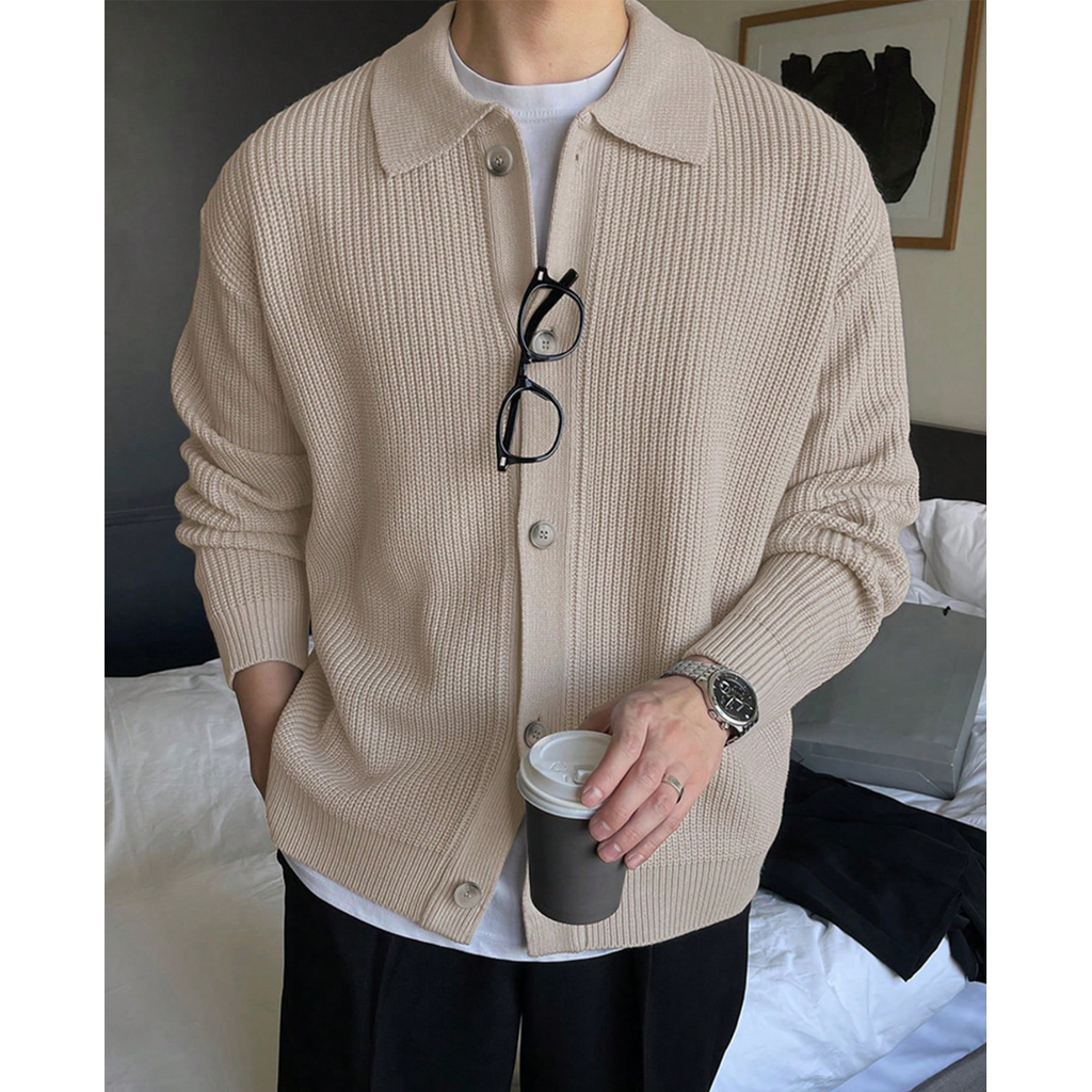 Men's Collared Knit Cardigan with Ribbed Polo Collar and Button Front - Image 5