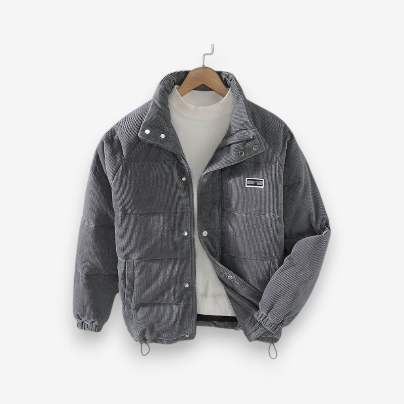 Men's Corduroy Puffer Jacket with Quilted Panels and Stand Collar - Image 2