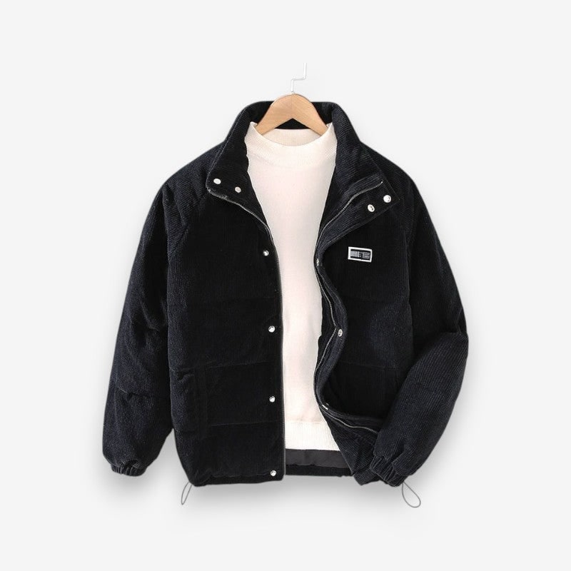 Men's Corduroy Puffer Jacket with Quilted Panels and Stand Collar - Image 3