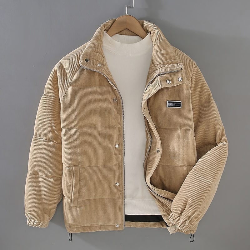 Men's Corduroy Puffer Jacket with Quilted Panels and Stand Collar - Image 4