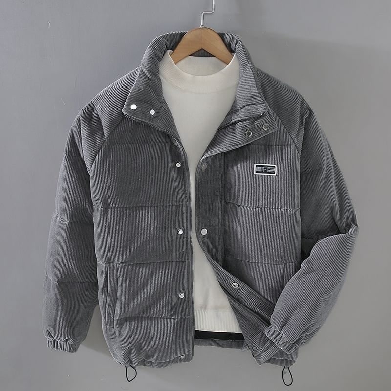 Men's Corduroy Puffer Jacket with Quilted Panels and Stand Collar - Image 5