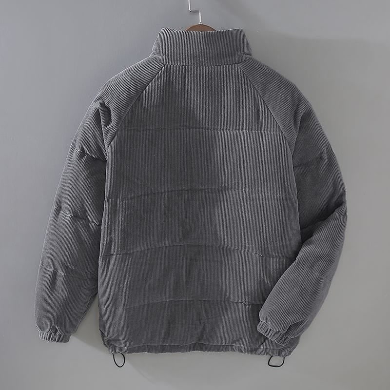 Men's Corduroy Puffer Jacket with Quilted Panels and Stand Collar - Image 6