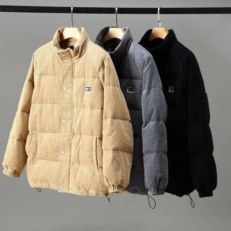 Men's Corduroy Puffer Jacket with Quilted Panels and Stand Collar - Image 7