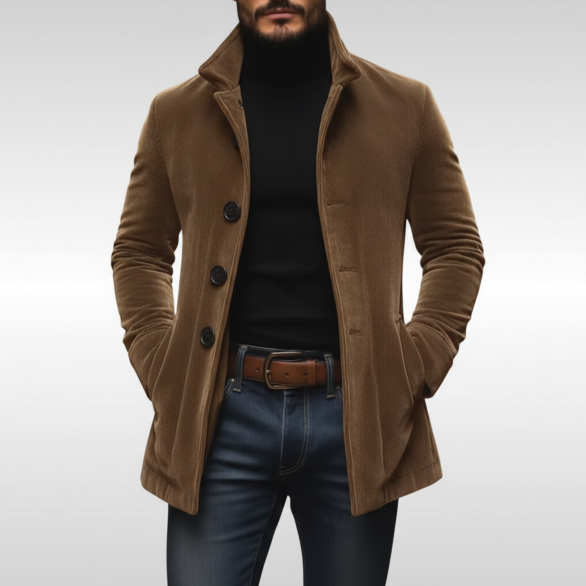 Men's Corduroy Rain Coat with Stand Collar and Slim Tailored Fit - Image 1
