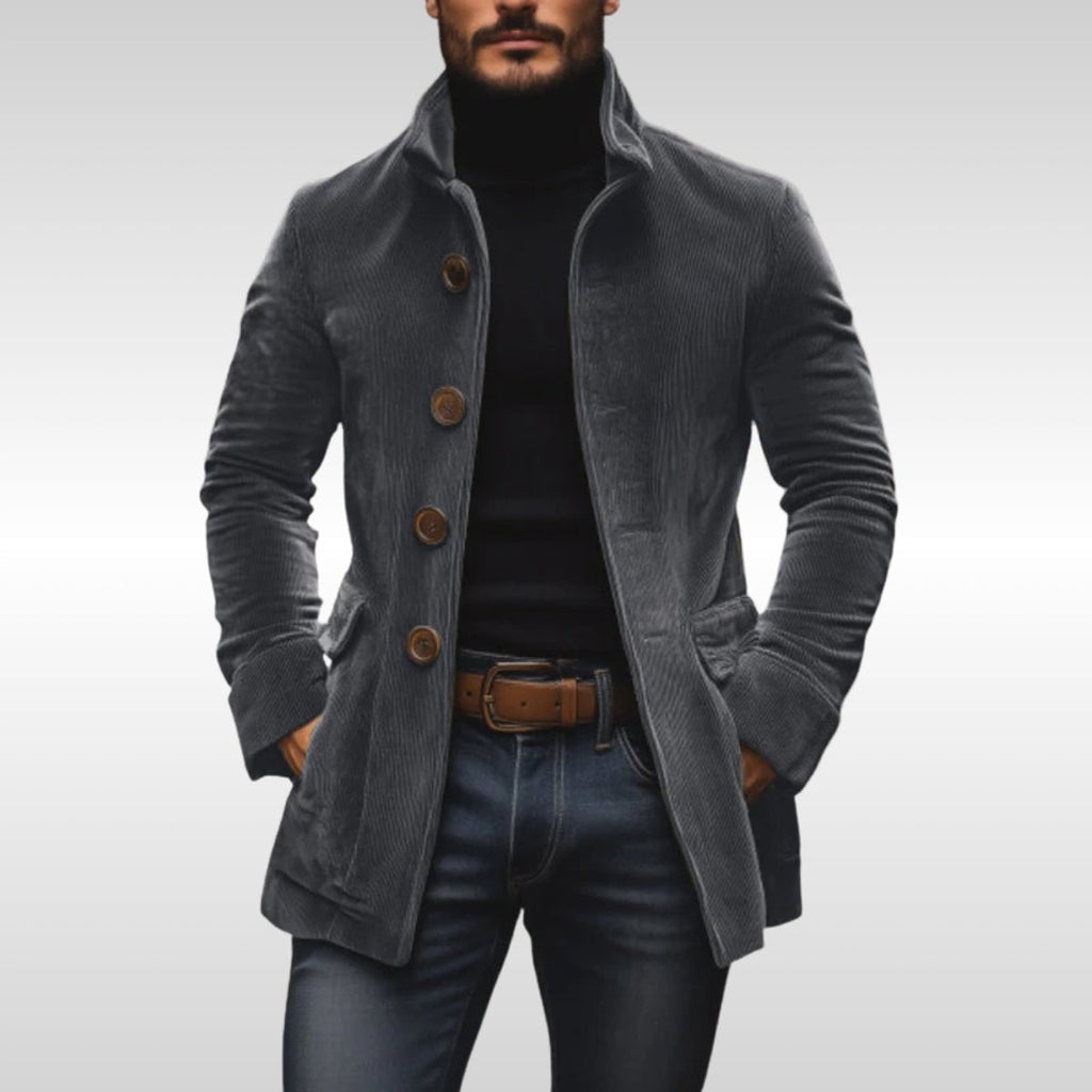Men's Corduroy Rain Coat with Stand Collar and Slim Tailored Fit - Image 3