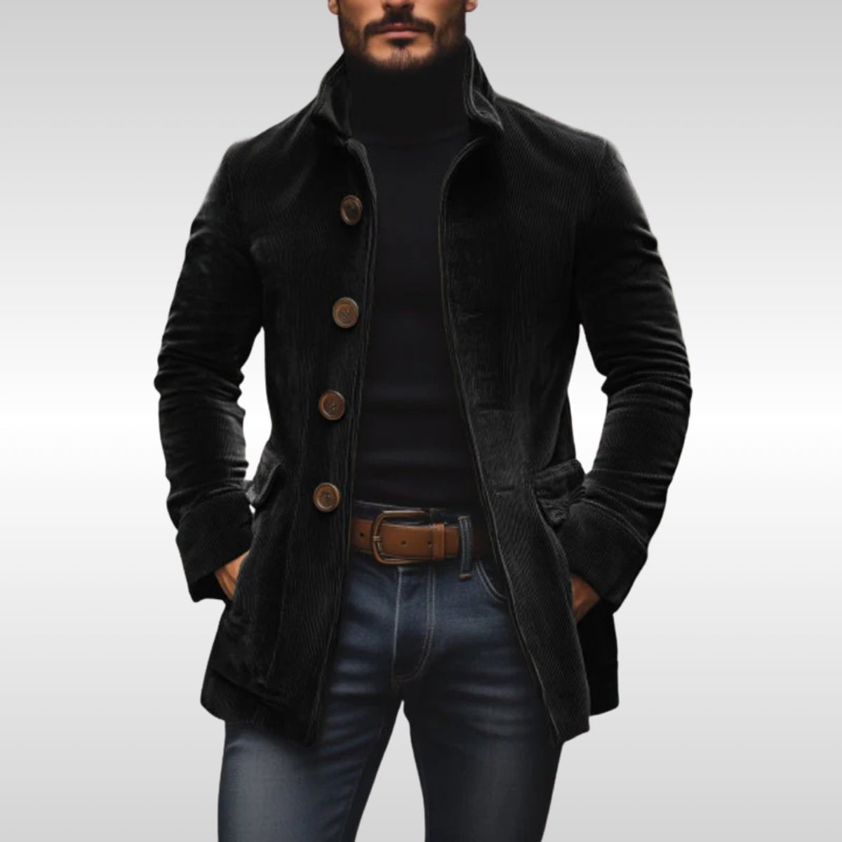 Men's Corduroy Rain Coat with Stand Collar and Slim Tailored Fit - Image 4