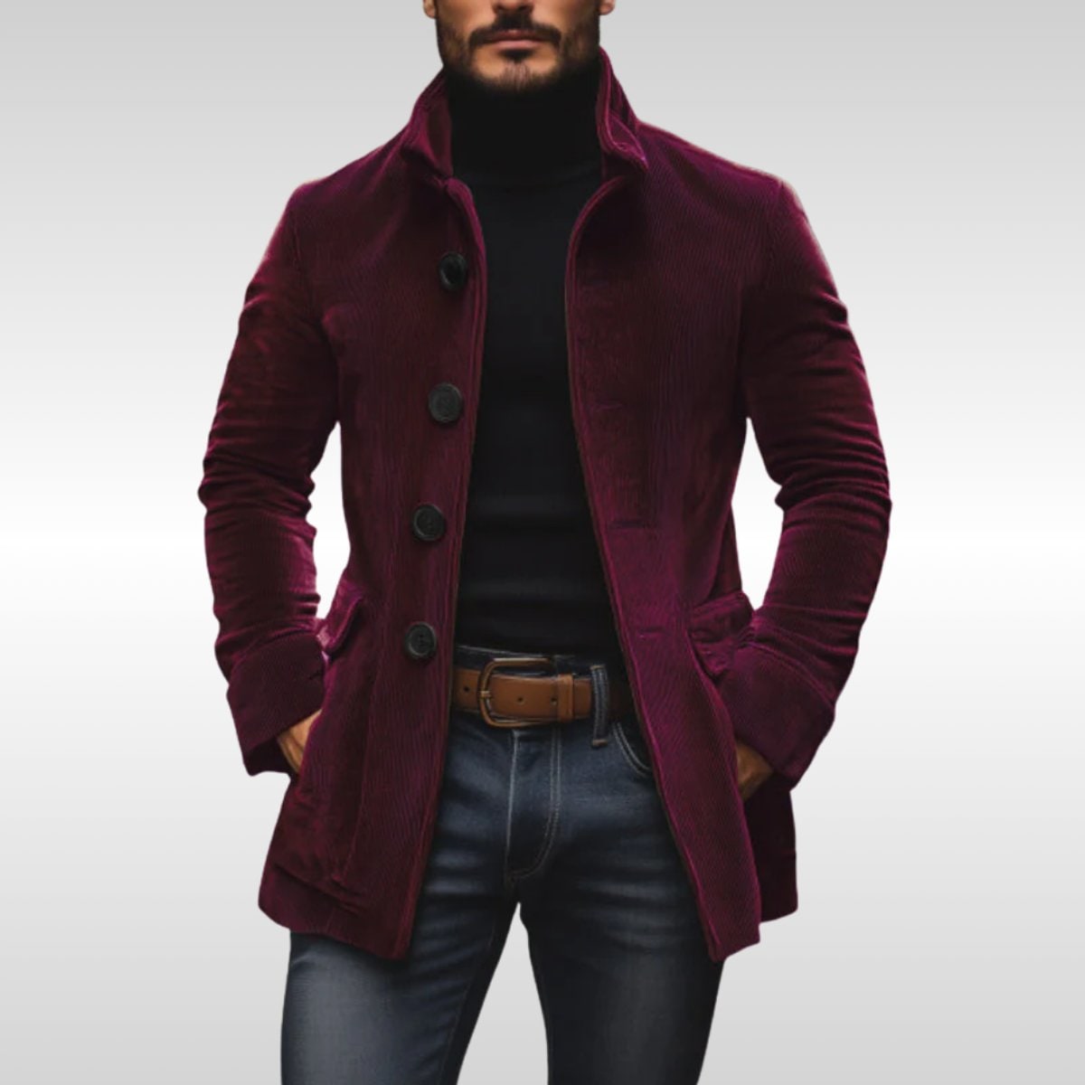 Men's Corduroy Rain Coat with Stand Collar and Slim Tailored Fit - Image 5
