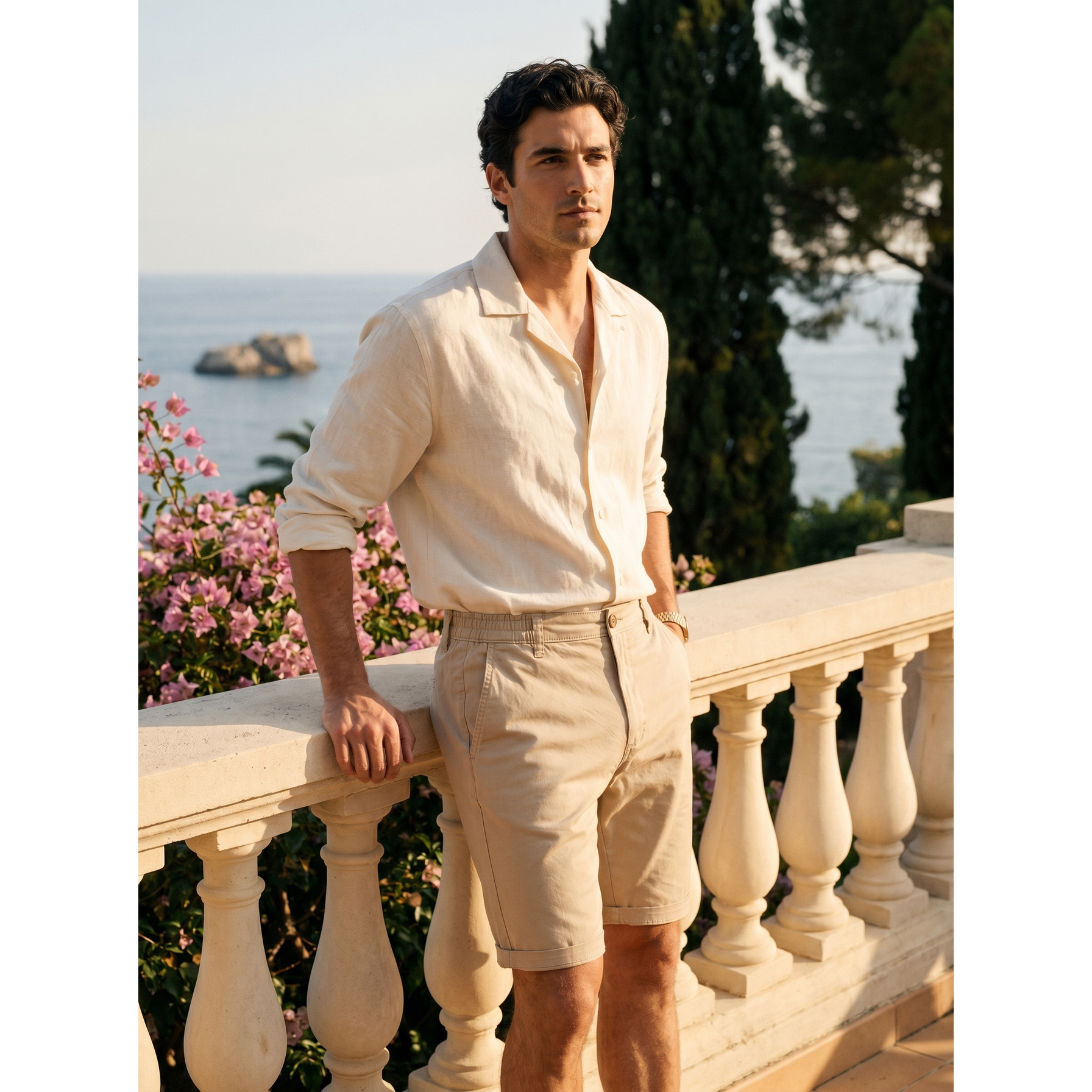 Men's Cotton Chino Shorts with Elastic Waist and Above Knee Casual Fit - Image 1