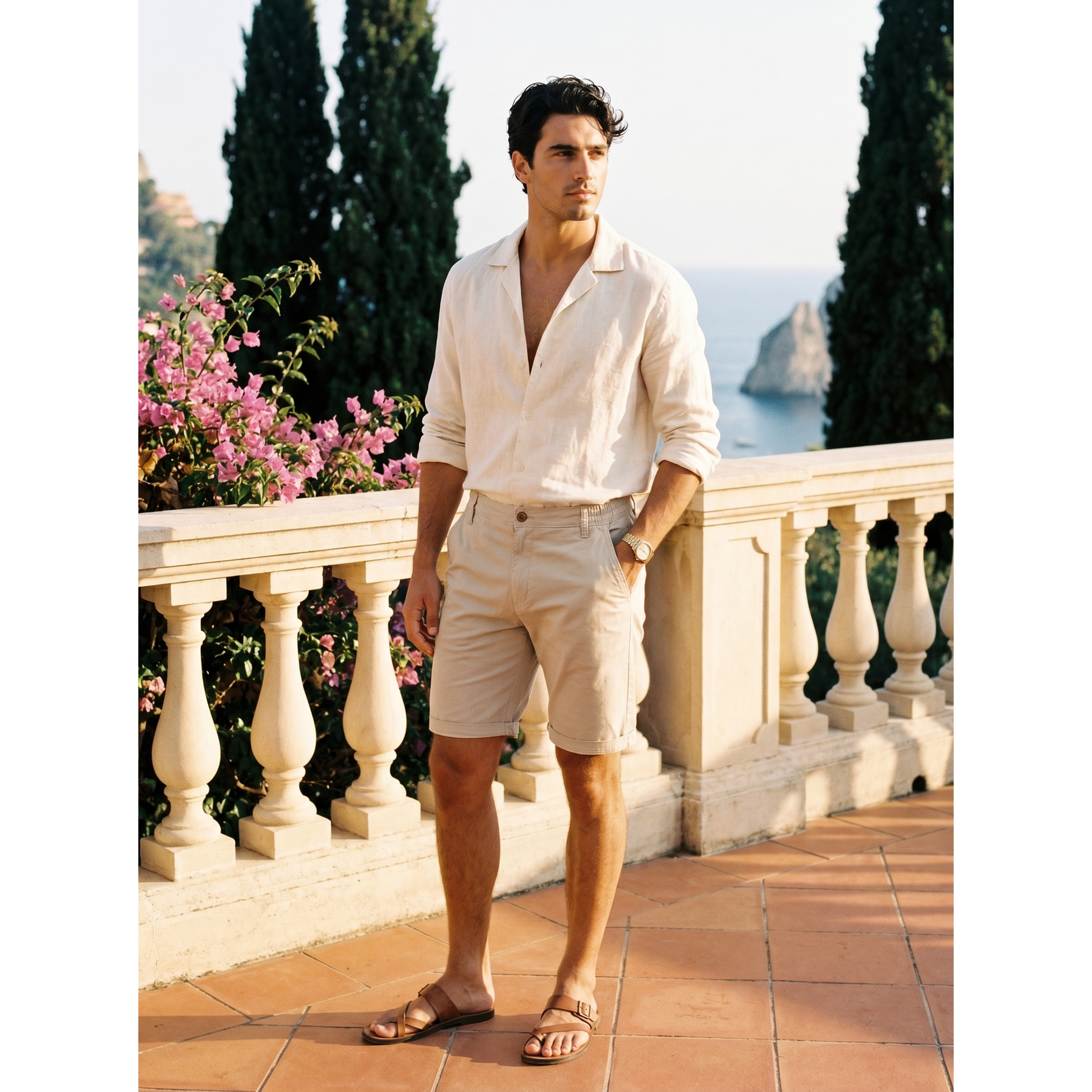 Men's Cotton Chino Shorts with Elastic Waist and Above Knee Casual Fit - Image 2