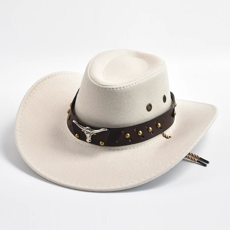 Men's Cowboy Hat Western with Wide Brim Suede Studded Band Chin Strap - Image 10
