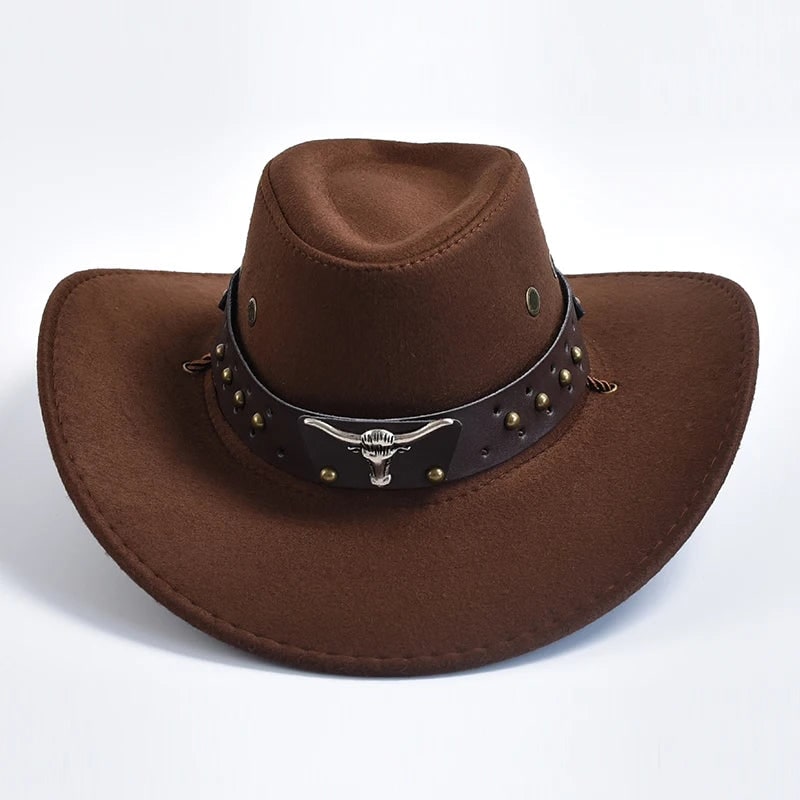 Men's Cowboy Hat Western with Wide Brim Suede Studded Band Chin Strap - Image 2