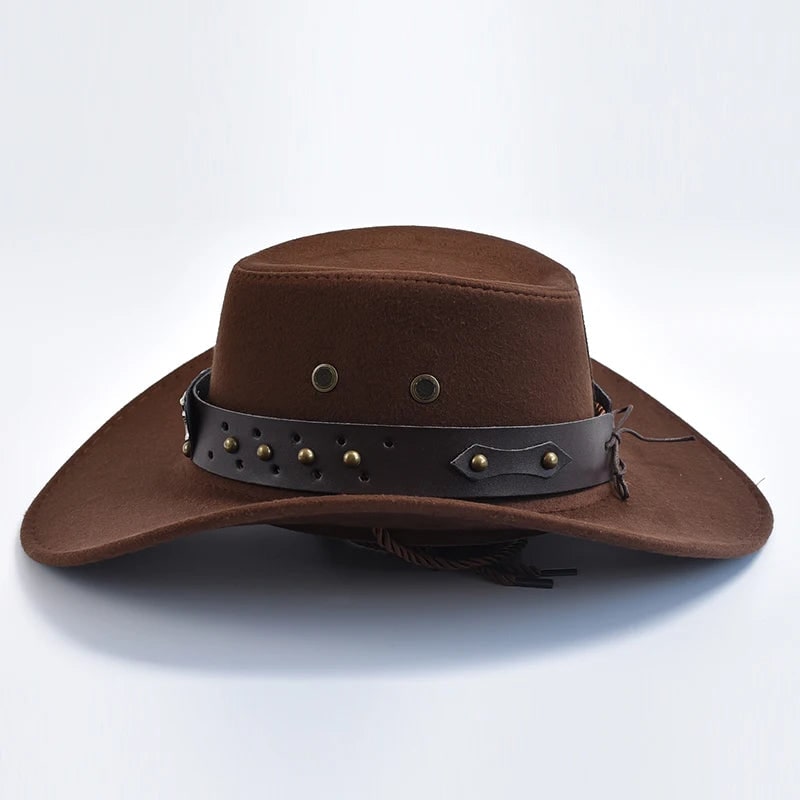 Men's Cowboy Hat Western with Wide Brim Suede Studded Band Chin Strap - Image 3