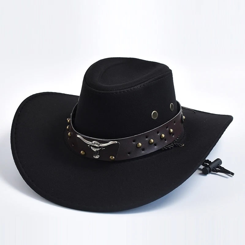 Men's Cowboy Hat Western with Wide Brim Suede Studded Band Chin Strap - Image 5