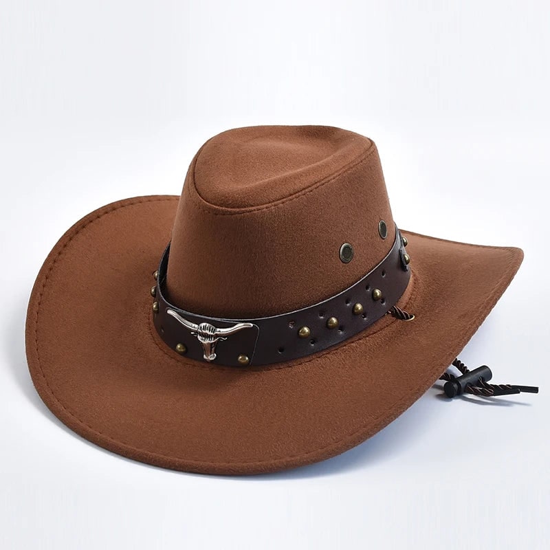 Men's Cowboy Hat Western with Wide Brim Suede Studded Band Chin Strap - Image 6