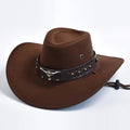 Men's Cowboy Hat Western with Wide Brim Suede Studded Band Chin Strap - Image 7