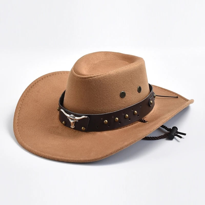 Men's Cowboy Hat Western with Wide Brim Suede Studded Band Chin Strap - Image 8