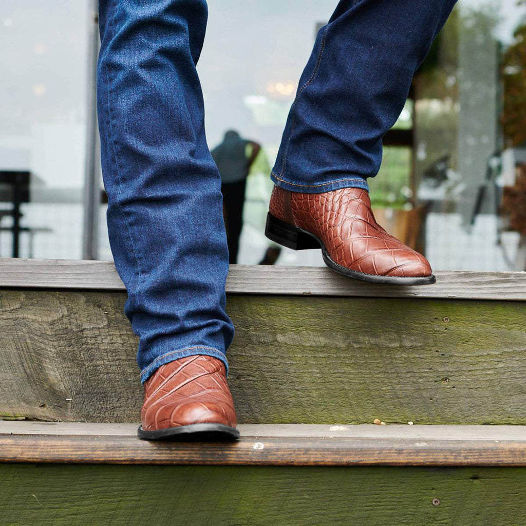 Men's Cowboy Roper Boots Leather Crocodile Embossed Round Toe - Image 9