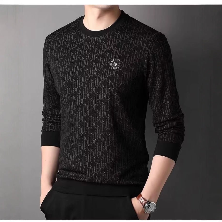 Men's Crewneck Sweater Long Sleeve with Monogram Pattern and Ribbed Details - Image 4