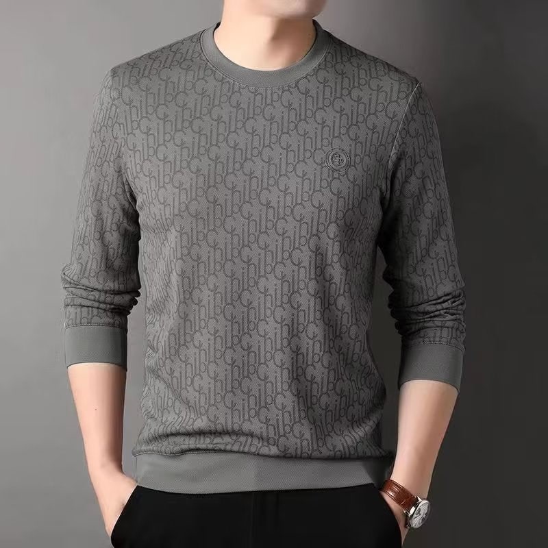 Men's Crewneck Sweater Long Sleeve with Monogram Pattern and Ribbed Details - Image 6