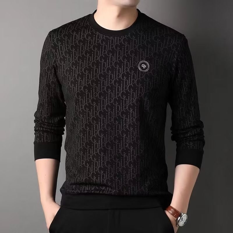 Men's Crewneck Sweater Long Sleeve with Monogram Pattern and Ribbed Details - Image 8
